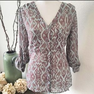 BKE Boutique Ikat Semi Sheer Button Down Blouse Medium